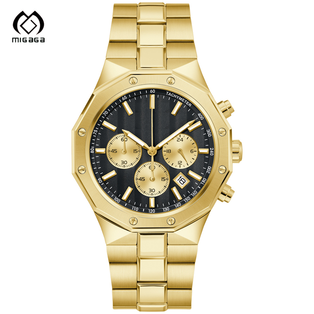 Migaga Low MOQ High Quality Custom Gold Watch Stainless Steel OEM Reloj Lujo Hombres 10Atm Waterproof Luxury Quartz Watch