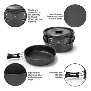Ensemble de cuisine de <span class=keywords><strong>camping</strong></span> ultra-léger en aluminium pour 2 personnes, comprenant une casserole, une bouilloire, une poêle et un couvercle, idéal pour les pique-niques, la survie et les activités de plein air - Product Image 4