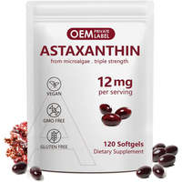 Gélules d'astaxanthine 12 mg issue de microalgues, triple concentration, 120 unités, végétalien, sans gluten, complément alimentaire, marque privée, OEM