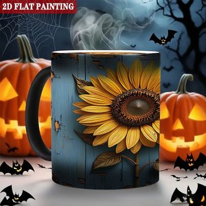 Taza de Cerámica Negra Esmerilada de 11 oz, Taza Termosensible con Diseño de Girasol, Pintura Plana 2D - Product Image 6