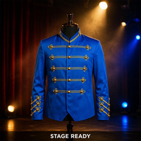 Blazer bleu unisexe avec garniture grenouillère dorée, col montant, veste uniforme à bandes, boutons à boule, tresse sur les manches, costumes de scène et de danse