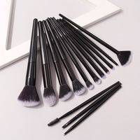14pcs Set Kuas Makeup Wajah Hitam Logo Kustom Vegan Serat Lembut Gagang Kayu Kit Profesional Alat Aplikasi Kosmetik Kecantikan