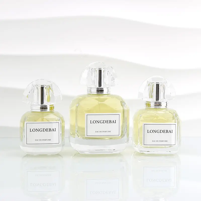 LONGDEBAI RTS Luxury glass pump sprayer empty 30ml crimp perfume bottle 50ml 100ml with acrylic cap