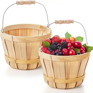 Paquete de 2 cestas redondas de madera con asa Cubos de frutas de madera vacíos Cesta de cosecha de otoño para exhibir frutas y verduras