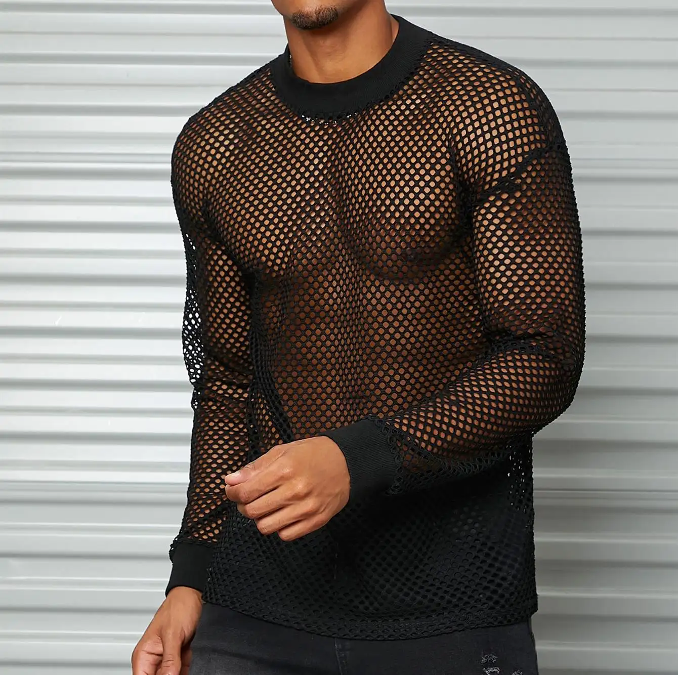 Men Cotton Fishnet Mesh Long Sleeve Drop Shoulder See Through T shirt Sexy Night Club Shirt Fitness Transparent Shirt