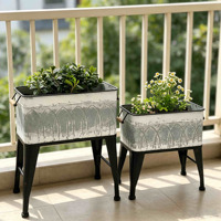 Ensemble de 2 jardinières vintage en métal gaufré avec support, pot à fleurs rectangulaire style ferme avec poignées pour jardin, patio, décoration intérieure