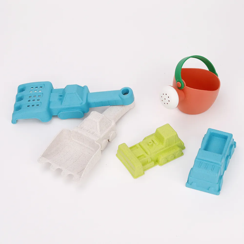 Desgin Eco Friendly juguete de playa de paja de trigo de plástico Biodegradable con 2PCS palas de arena, 2PCS molde de arena y 1PCS ducha de jardín