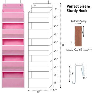 Pink Over Door Organizer 5 Large Clear Pockets 6 Side Mesh Pockets Anti Tilt Hanging Storage For Cosmetics Clothing Toys Snacks - Product Image 2