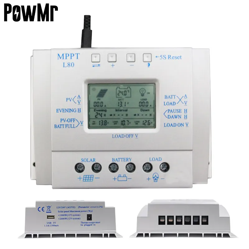 PowMr MPPT en PWM 80A 12 V 24 V Solar Laadregelaar met Timer Controller L80