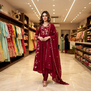 Ensemble Salwar Kameez Indien et Pakistanais pour Femme, Broderie Florale, Haut Long, Dupatta en Chiffon, Tenue de Fête et de Mariage, Chanderi, Séchage Rapide - Product Image 1
