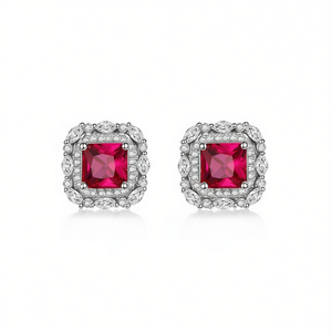 Orecchini a lobo E2470 in oro bianco con rubino, montatura a griffe geometrica, gioielli classici da donna - Product Image 1