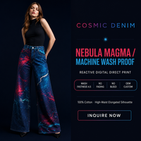 Jean taille haute à jambe large pour femme, imprimé marbré rouge cramoisi et cyan électrique, en denim, OEM