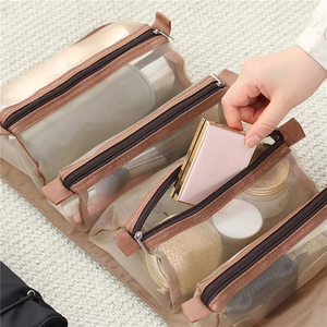 Bolsa de almacenamiento de brochas de maquillaje de nailon con cremallera para mujer, organizador de cosméticos plegable de malla separable para artículos de tocador de mujer con cierre de cuerda - Product Image 4