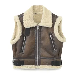 Turn down collar zipper fly brown color casual fashion suede vest waistcoat for women