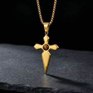 Collier Croix de Dague en Acier Inoxydable 316L pour Hommes et Femmes, Pendentif Épée à Pointe Œil de Tigre, Chaîne Gothique Religieuse en Or 18K, <span class=keywords><strong>Bijoux</strong></span> - Product Image 3