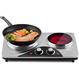 Placa de Cocina Eléctrica Portátil de Vitrocerámica Negra y Acero Inoxidable, Electrodoméstico con 2 Quemadores y 2100W de Potencia - Product Image 1