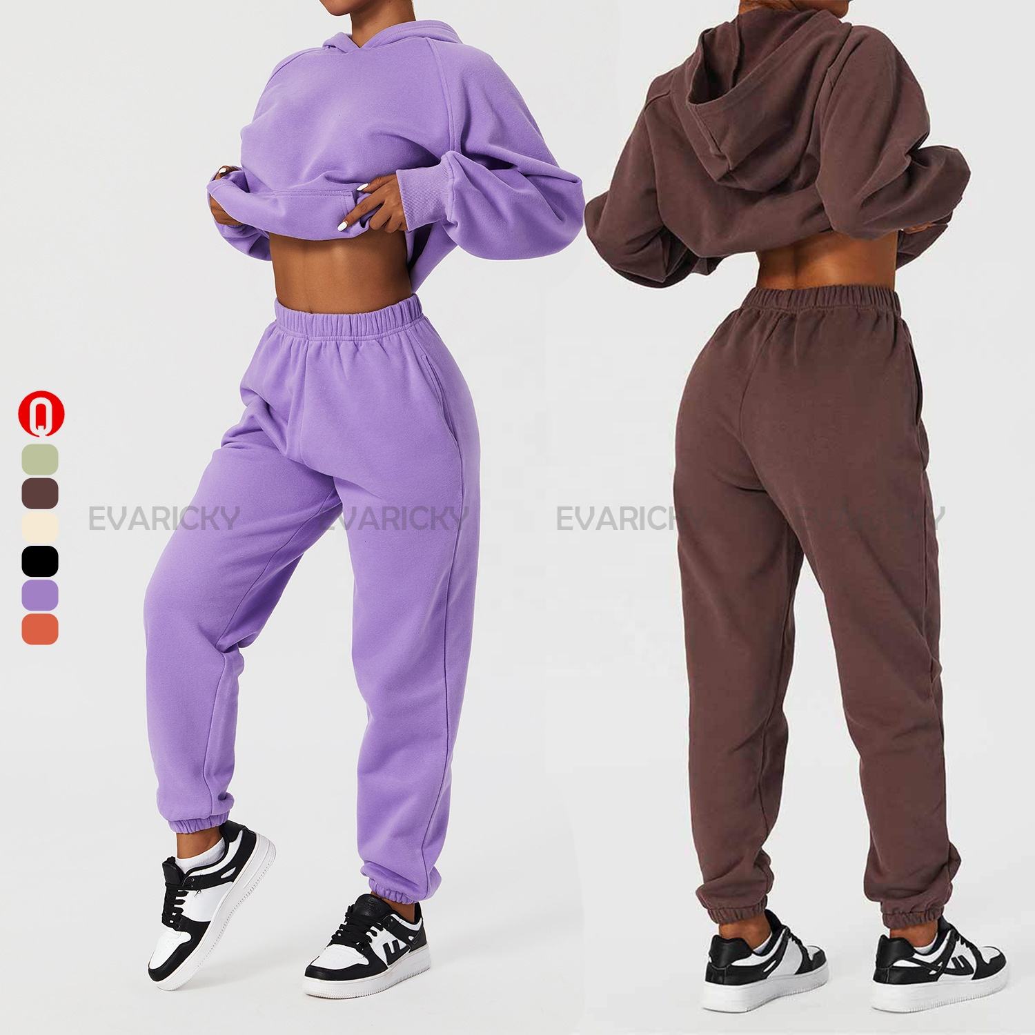 Wholesale 86% Cotton 14% Polyester 280gsm Women Sports Hoodies Fashionable Gym Fitness Sweatpants And Hoodie Set 