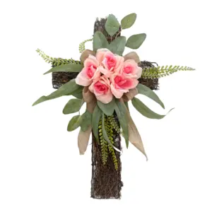 Silk Roses Cross Memorial Decoration High Quality Artificial Rose Eucalyptus Wreaths For Front Door