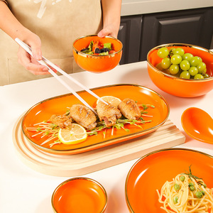 Modern Luxury Porcelain <b>Tableware</b> Set Orange Gold Rim Bowl Plate Soup Rice Creative Design Disposable 2-Piece Utensils Kit - Product Image 2