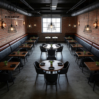 Ensemble de mobilier industriel Ron Group : banquette noire capitonnée à dossier haut, chaise ergonomique en cuir, table carrée en bois pour restaurant