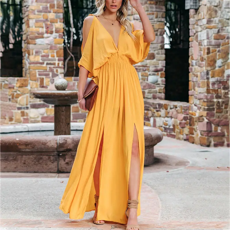 D&M 2023 custom other dresses V-neck Lady Chiffon Ruffle Maxi Dress Vestidos Women Elegant Summer Casual Dresses