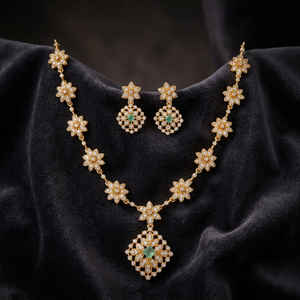 Premium Matt Finish CZ Floral Necklace <b>Set</b> with Earrings, Gold Plated Bridal Wedding Party Wear Artificial Jewellery - Product Image 2