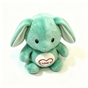 Peluche personnalisée de lapin vert mignon et dodu avec un cœur rouge, adorable lapin assis en peluche avec oreilles intérieures blanches - Product Image 1