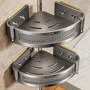 Lteng Corner Wall Mounted Storage Rack Triangle Shape Durable Bathroom Shelf With <b>Hooks</b> For Home Use - Product Image 2