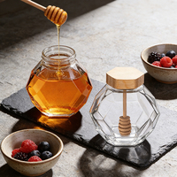 Pot en verre hexagonal transparent vide personnalisé et unique de 200 ml et 380 ml pour confiture, miel, avec cuillère en bois et bouchon en bambou