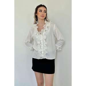 Camisas Blancas de Algodón al por Mayor, Estilo Coreano con Cuello Alto con Volantes, Corte Holgado y Largo para Primavera, Verano y Otoño - Product Image 3