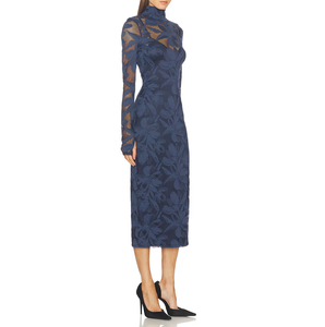 Custom Bodycon <strong>Midi</strong> <strong>Dress</strong> Long Sleeve Burnout Sexy High Neck Lace Slim Translucent Solid Empire Waist Trendy New - Product Image 2