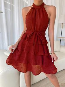 Abito Sexy Casual da donna estivo su misura con cintura rossa appesa al collo arricciata con orlo basso senza maniche abito senza maniche intrecciato naturale - Product Image 2