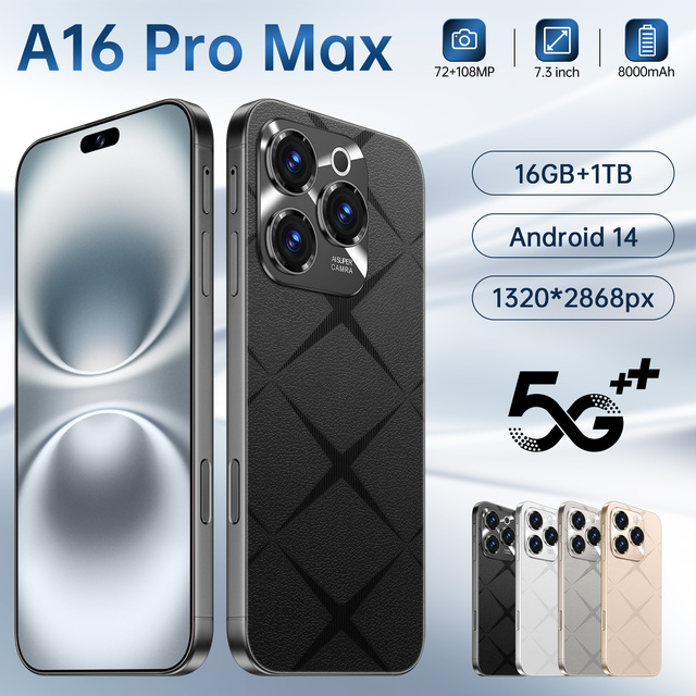 Factory Direct Sales A16 Pro Max Smartphone  7.3 Inch Large HD Screen 108MP Camera 1TB Storage 8000mAh Battery Android 14