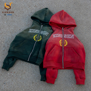 เสื้อฮู้ดซิปครอปพิมพ์ลายสตรีทแวร์ทรงหลวมผ้าฝ้าย 100% หนานุ่ม สไตล์วินเทจฟอกสีซีดแบบทำเองสำหรับผู้ชาย - Product Image 1