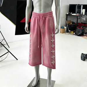 Y2k Custom Acid Wash Pearl Washed Cropped Capri <strong>Sweatpants</strong> French Terry Cotton 3/4 Three-quarter Knee Length Sweat Shorts - Product Image 3