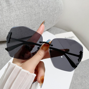 Women's Polygonal Frameless <b>Sunglasses</b> UV400 PC Lens Black Frame Sun Protection Type 3 Grey Gradient - Product Image 1