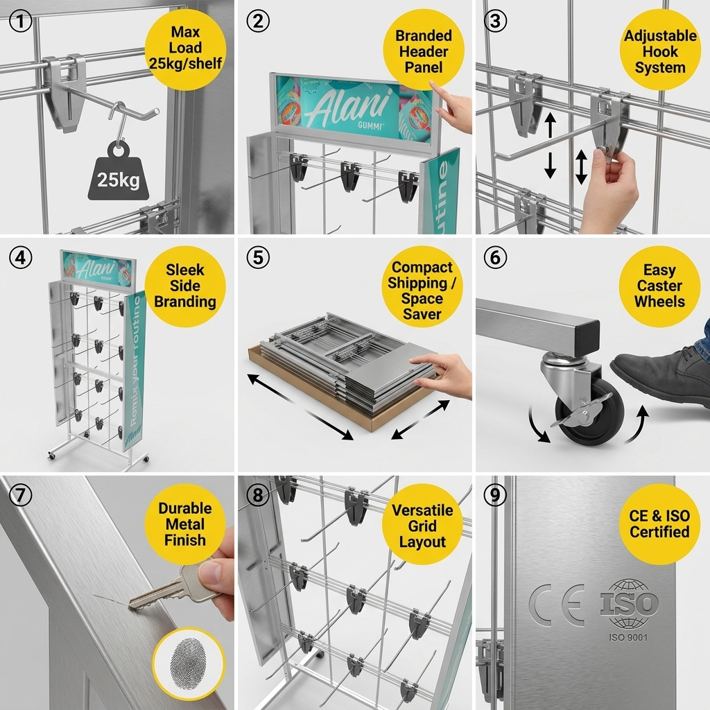 Custom Metal Gummy Candy Display Rack Mobile Pegboard Hook Stand for Lollipop Snack Bag Gummy Retail Store Shop POS Rack OEM ODM — view 5