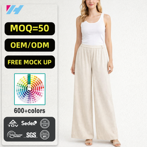 맞춤 도매 하이웨이스트 루즈 팬츠 린넨 코튼 여성 와이드 레그 팬츠 - Product Image 1