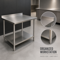 Table de préparation de cuisine professionnelle en acier inoxydable à deux niveaux avec étagère inférieure, plan de travail robuste pour la préparation des aliments
