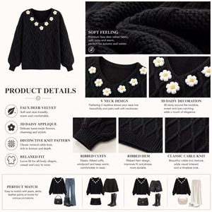 Suéter Pullover Jacquard com Padrão de Diamante Feito em Fábrica, com Apliques de Crochê Tridimensionais e Mangas Largas em Estilo Balão - Product Image 2