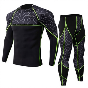 Ensemble de rashguard à manches longues pour homme, imprimé noir et vert, séchage rapide, spandex, polyester, vêtements de fitness, 2 pièces - Product Image 1