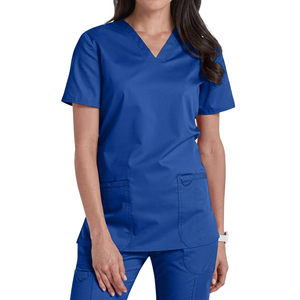 Women's Blue V-Neck <b>Scrub</b> <b>Tops</b> With Front Pockets Hospital Uniforms Cotton Polyester Woven Fabric Wholesale Rate OEM Custom - Product Image 1