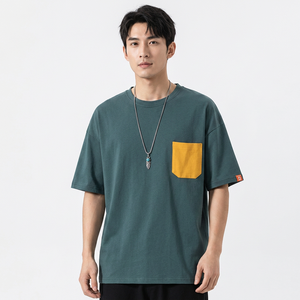 T-shirt à manches courtes pour homme, couleur unie, coupe ample, avec poche jaune, col rond, en jersey de coton respirant, style décontracté - Product Image 4
