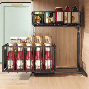2 Tier Expandable Under Sink Kitchen Cupboard Cabinet Pull-Out Drawers <b>Storage</b> Cabinet Organizer Adhesive Spice <b>Storage</b> Rack - Product Image 4