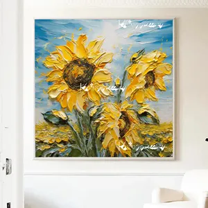 Sunflower Painting Sunflower Wall Art| Impasto Painting Original Artwork Textured Wall Art Blue Sky Oil Painting for Home Decor