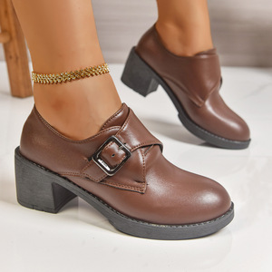 British <b>Style</b> Mid-Heel Flats for Women in Large Sizes Autumn New Retro Thick Heel Small Leather Shoes Wholesale - Product Image 1