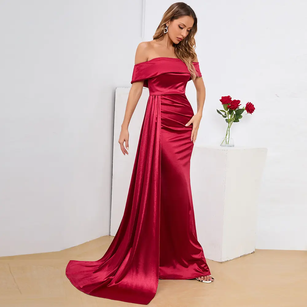 JF Prom Dresses Evening Gowns Sexy Prom Evening Dress Satin Backless One Word Neck Tube Top High Waist Evening Dresses 2022