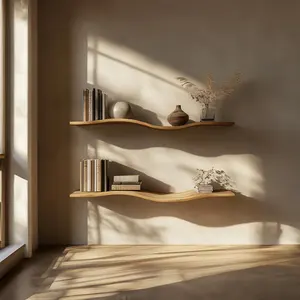 Libreria della metà del secolo galleggiante comodino segreto per la casa artigianato ondulato rustico in legno scaffale ondulato galleggiante - Product Image 6