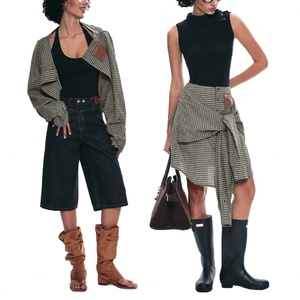 Camisa Desestructurada a Cuadros Clásica Blanca y Negra de Moda al por Mayor, Vestido Falda a Cuadros de Diseño Irregular de Dos Usos para Mujer - Product Image 1