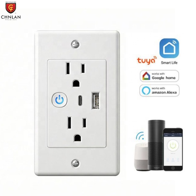 FCC US Standard 15A Electric WiFi Smart Wall Outlet with 2 Plugs USB C Wall Socket Wireless App Control with Alexa Google Home